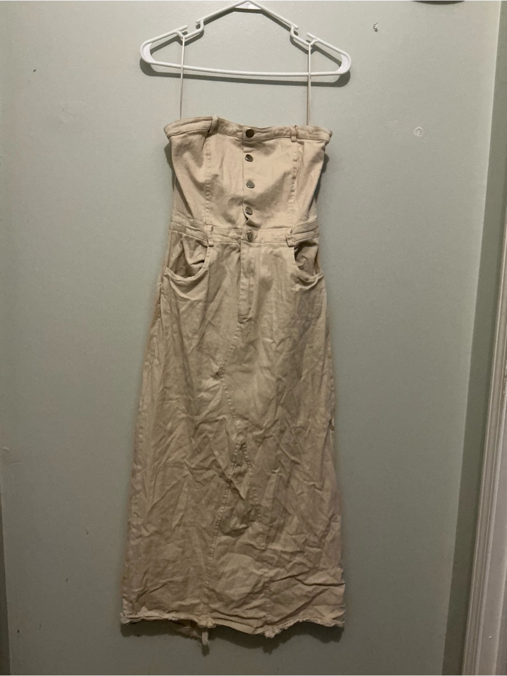 Fashion Nova Strapless Button-Front Maxi Dress in Cream